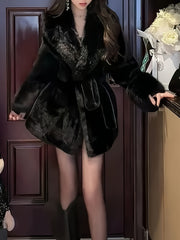 Fashion Imitation Coat Furcollar Lace-up Mid-length Belt Coat Women's Autumn and Winter Design Warm Top