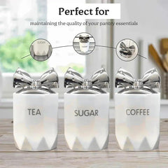 White Silver 3-Piece Marble Effect Ceramic Tea, Coffee & Sugar Canisters – 15x11cm Kitchen Storage Jars with Silver Bow Lid, Crystal Style Containers for Home Décor, Dining Table & Gift Set