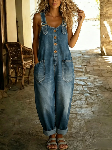 Womens Elastic Vintage Washed Denim Overalls Casual Loose Fit Wide Leg Jumpsuit Slouchy Cargo Bib Overalls with Pockets Adjustable Straps Button Jean Romper for Weekend Camping Outdoor Outfits
