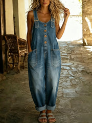 Womens Elastic Vintage Washed Denim Overalls Casual Loose Fit Wide Leg Jumpsuit Slouchy Cargo Bib Overalls with Pockets Adjustable Straps Button Jean Romper for Weekend Camping Outdoor Outfits