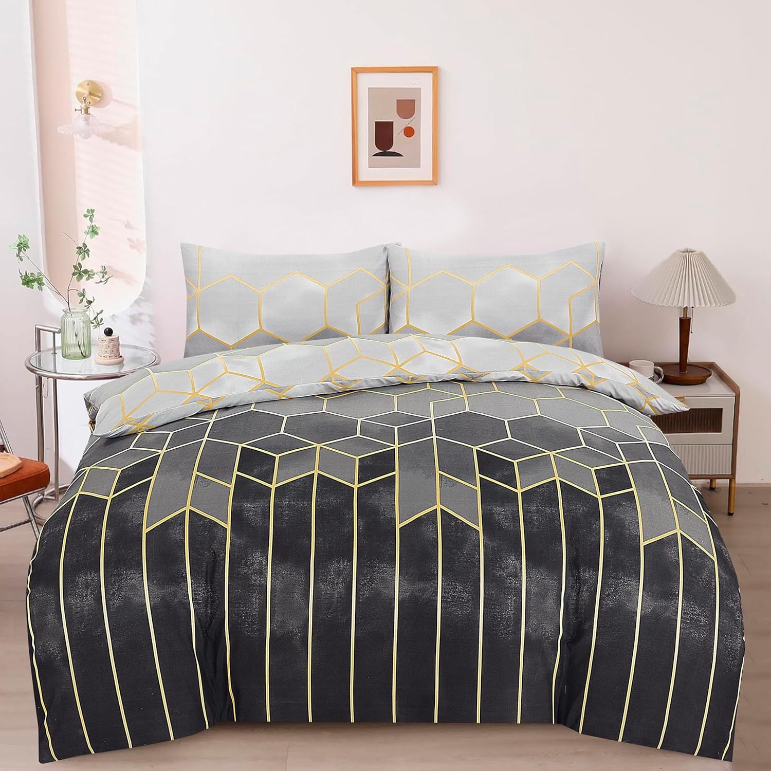 Luxury Geometric Duvet Cover Set with Fitted Sheet & Pillowcases - Ultra Soft Microfiber Bedding, King Size, Grey & Gold / Plum Greek Key Design