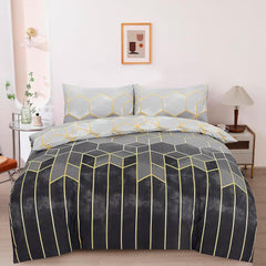 Luxury Geometric Duvet Cover Set with Fitted Sheet & Pillowcases - Ultra Soft Microfiber Bedding, King Size, Grey & Gold / Plum Greek Key Design