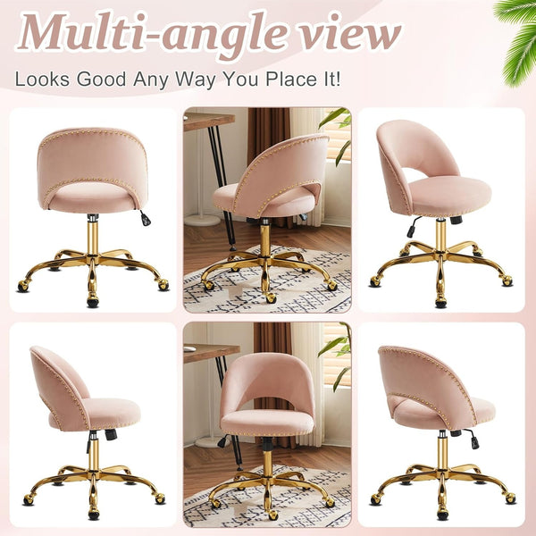 Office Chair Velvet Fabric Swivel Computer Desk Chair Comfy Armless Vanity Task Chair With Adjustable Height, Ergonomic Chair for Home Bedroom (Delicate Lilac)