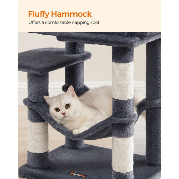 112 cm Cat Tree, Multi-Level Soft Plush Cat Tree, Cat Tower Condo with 4 Cat Scratching Posts, Hammock, Cave, Platform, Toys, Pink/White/Beige/Grey, Easy Assembly and Sturdy, Indoor Cat Furniture