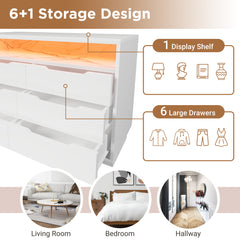 Marbled 6-Drawer Sideboard, Modern Storage Cabinet with Lighting & Shelves, Chest of Drawers for Living Room Home Office, 85 x 120 x 40 cm, White
