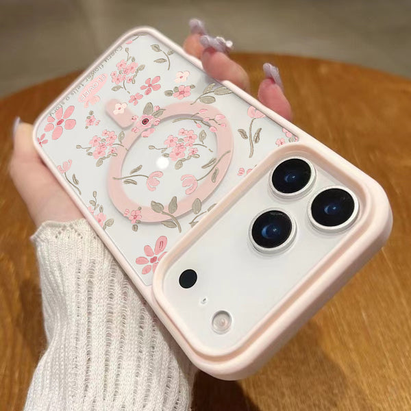 A Magnetic Phone Case with Small Pink Floral Designs, Compatible with for iphone Models 11 Through 17, Including Pro And Plus Versions. It Offers Complete Lens Protection And Is an Aesthetic Accessory with a Stylish Cover And High-Quality Print.