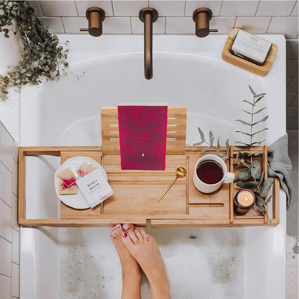 Multi-purpose Bathtub Tray, Expandable Bathtub Stand, Bamboo Wood, Multi-compartment Card Slot, Flat Towel Toiletries Shelf, for Home Hotel, Natural Color, 75-109x23x4.5cm