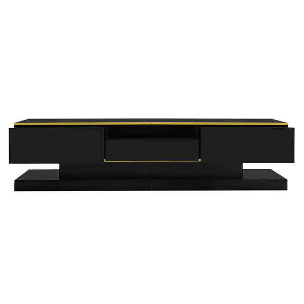 180cm LED TV Stand with 3 Drawers & Open Shelf, High Gloss Modern TV Cabinet with RGB Lights & Gold Trim, PB Board Entertainment Center for Living Room, Gaming & Home Theater - Holds up to 65 Inch TV, Smooth Glide Drawers, Scratch-Resistant, Easy Assembly