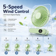 Portable Desktop Fan, Low DB Quiet Electric Cooling Fans, Turbo Air Circulation Blades, HD Smart Digital Display, 180° Rotation, 5000mAh, 5 Speed, Suitable for Bedrooms Home Office Dormitory