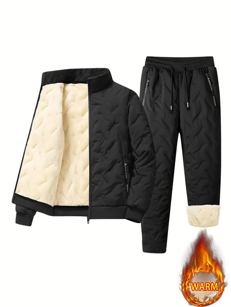 Men's 2pcs Casual Set: Fleece-Lined Thickened Jacket and Pants. Heavyweight Winter Sportswear with Zippered Cardigan Jacket, Fleece-Lined Warm Outerwear, Lamb's Lining. Matching Couple's Outfit for Men and Women. Leak-Proof Top and Pants with Elastic