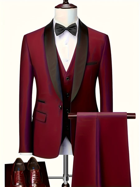 Men'S Suit Set, 3pcs Blazer, Vest And Trousers, Groomsman Business, Fashionable Elegant, Premium Men, Suitable for Wedding, Business, Party (With Pocket Square)