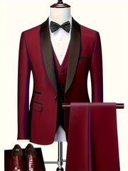 Men'S Suit Set, 3pcs Blazer, Vest And Trousers, Groomsman Business, Fashionable Elegant, Premium Men, Suitable for Wedding, Business, Party (With Pocket Square)