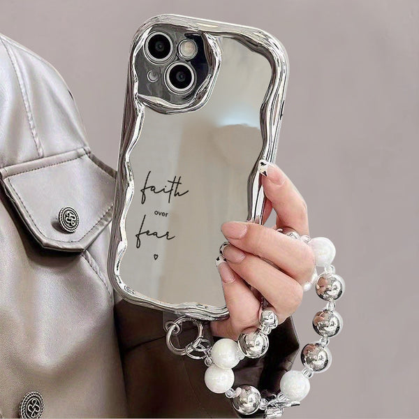 Mobile Phone Case with a Unique Electroplated Silver Design Featuring a Curved Edge Pattern And a Pearl Bracelet Lanyard. It'S Durable, Anti-Fall, And Compatible with Iphone 11 Through 16, Including Pro And Plus Versions