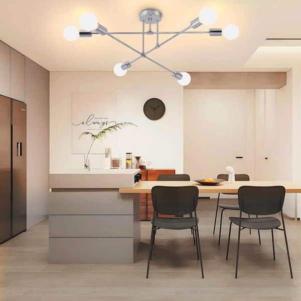 6-Light Modern Gold Sputnik Chandelier, Industrial Semi Flush Mount Ceiling Light Fixture, E27 Hardwired Metal Lamp for Living Room Dining Room