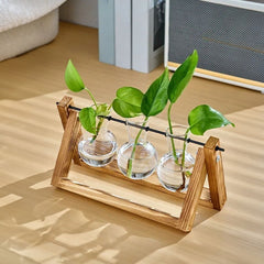 Multi-Tube Plant Propagation Station with Wooden Stand & Metal Swivel Holder, Desktop Retro Plant Terrarium Bulb Vase for Indoor Hydroponic Flowers, Tabletop Glass Planter Housewarming Gifts for Plant Lovers, 28x13.8cm (3 Tubes)