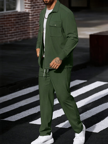 Men's 2pcs Casual Suit, 2-Pocket Shirt and Pants Set for Spring/Autumn, Suitable for Work and Leisure Sports