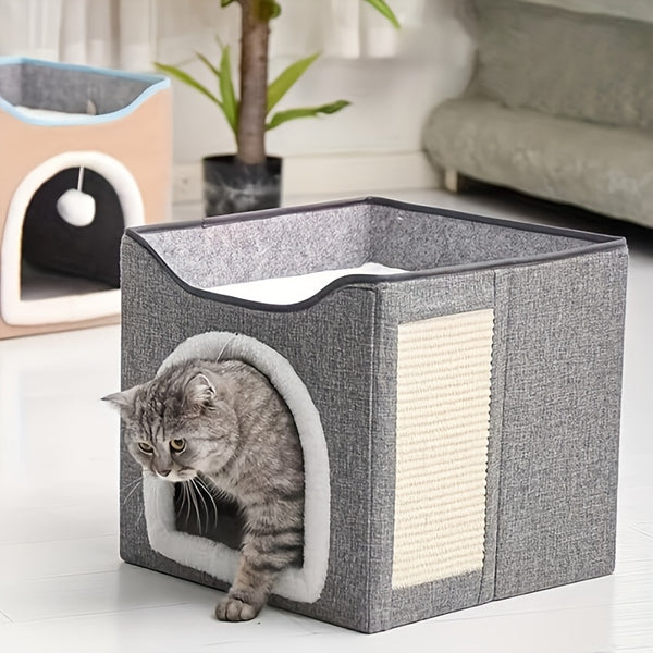 1 Luxury Cat House, Double-Decker Cat Bed with Fluffy Balls And Scratchboards - Foldable, Closed Cat Villa, Suitable for Indoor Cats And Small Dogs, Comfortable All Season, Soft Fabric, Cat House Villa; Modern Cat Bed; Durable Cat Bed, Cat Furniture