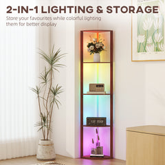 LED Floor Lamp with Shelves, 5-Tier Dimmable Standing Lamp with Adjustable Brightness and Foot Switch, Modern Corner Display Shelf Unit for Living Room Bedroom Office