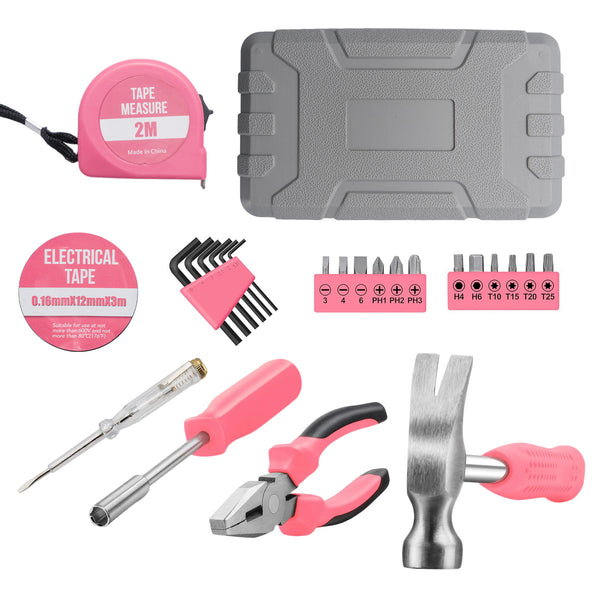 Pink Home Repair Tool Kit - Portable Hand Tool Set with Hammer, Vise, Wrenches, Screwdrivers & More - Ideal for DIY Projects & Emergency Car Maintenance - Perfect Christmas Gift for Women, DIY Tool Kit | Stylish Pink Tools | Organized Tool Storage
