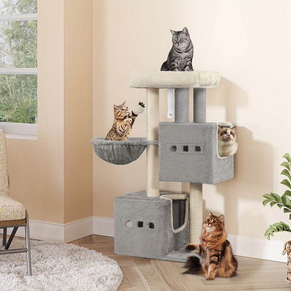 98 Cm Scratching Post, Cat Tree, Small Scratching Post, Multi-Storey Scratching Post with Perch, Cat House Furniture with 2 Caves, Sisal Cat Scratching Post, Hammock, Cave