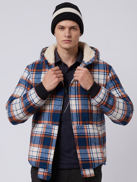 Men's Heavyweight -Lined Hooded Jacket - Full-Zip Plaid Thickened Shirt with Pockets and Adjustable Drawstring, Comfortable and Warm for Autumn and Winter