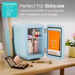 Abode Blue Mini Fridge A4CLR201BL 4L/6 Can Portable Thermoelectric Mini Cooler & Warmer for Drinks, Cosmetics/Makeup/Skincare, AC/DC Power, Retro Style, for Bedroom, Home, Caravan, Car