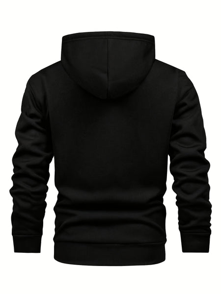 Men's Casual Zip-Up Hooded Jacket with Letter Print, Black & Beige Contrast, Regular Fit, Machine Washable, Front Pockets for Outdoor & Casual Attire