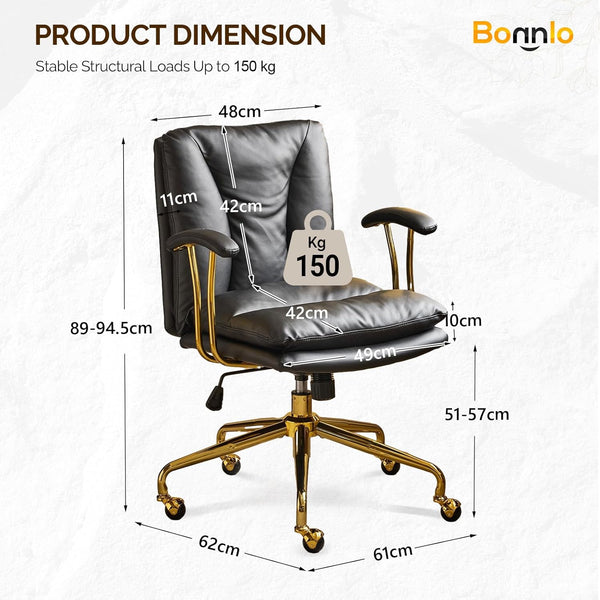 Office Chair Desk Chair with Wheels & Removable Armrests Gold Base Vanity Chair with Back Adjustable Rolling Swivel Computer Task Chair PU Leather