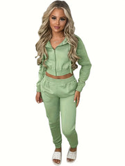 Women'S Fleece Hoodie Hooded Crop Top And Leisure Set