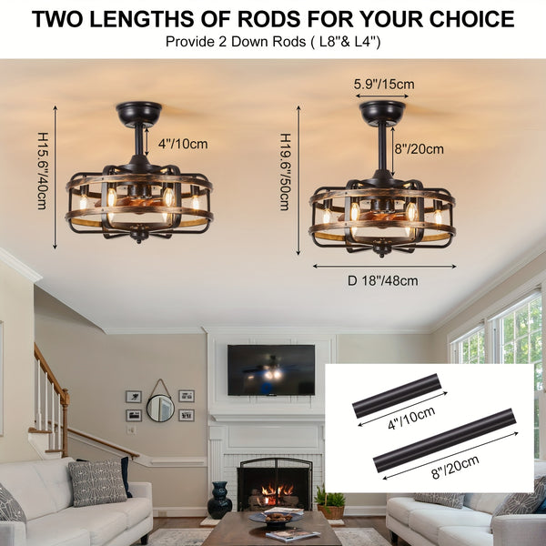 Farmhouse Ceiling Fans with Lights, 3 Speeds Flush Mount Rustic Caged Ceiling Fan Light, Timing, Quiet Reversible Motor, E14*6 Base Industrial Fandelier Ceiling Fans for Indoor Bedroom, Kitchen