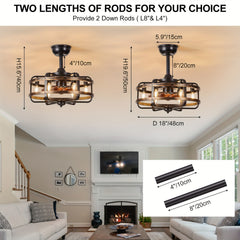Farmhouse Ceiling Fans with Lights, 3 Speeds Flush Mount Rustic Caged Ceiling Fan Light, Timing, Quiet Reversible Motor, E14*6 Base Industrial Fandelier Ceiling Fans for Indoor Bedroom, Kitchen