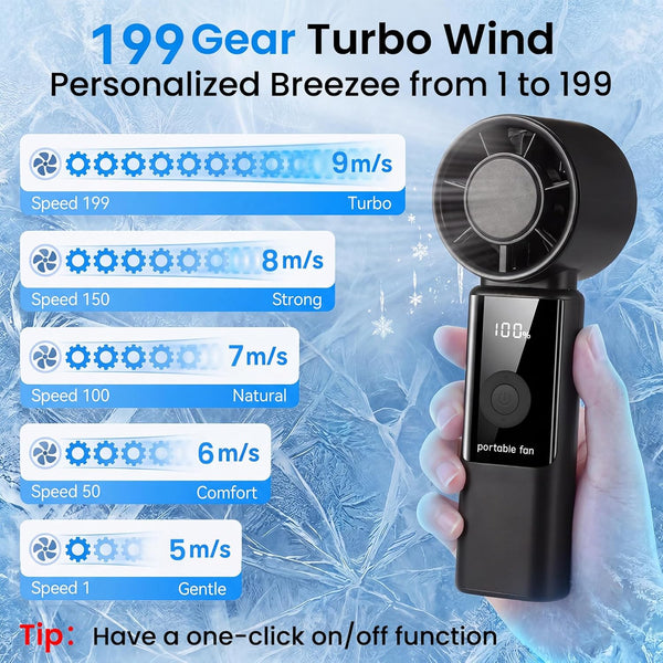 Portable Handheld Fan, High Speed Turbo Hand Held Fan with Speed (1-199) 4000Mah Battery up to 16Hrs, Rechargeable Mini Hand Fan with LED Display, Foldable Portable Fan for Home Outdoor (Black)