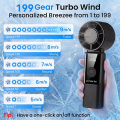 Portable Handheld Fan, High Speed Turbo Hand Held Fan with Speed (1-199) 4000Mah Battery up to 16Hrs, Rechargeable Mini Hand Fan with LED Display, Foldable Portable Fan for Home Outdoor (Black)