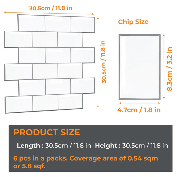 WALPLUS 6 Pcs 3D Tile Stickers Peel and Stick Backsplash Splashback Decals Tile Transfer for Kitchen Bathroom Living Room Stick on Tile Waterproof Glossy 30.5 x 30.5cm (12