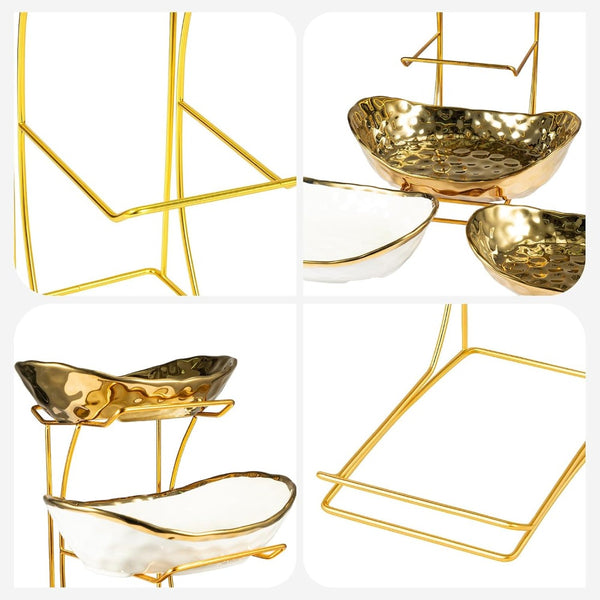 Premium 3-Tier Kitchen Fruit Basket – Gold Metal Rack with Three Big Bowls for Snacks, and Baked Goods – Space-Saving Design