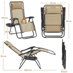Costoffs 2PCS Zero Gravity Chair Foldable Patio Chair Outdoor, 65cm/72cm Lounge Camping Chair with Unfixed Padded Pillow/Armrest/Footrest, Black/Beige/Grey/Navy Blue for Outdoor Use Only