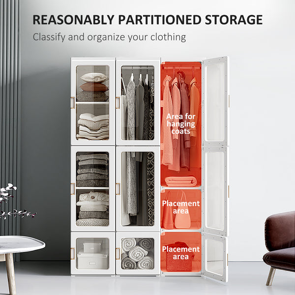 Portable Clothes Wardrobe for Bedroom, Foldable Clothes Organiser with Cube Storage, Hanging Rods, Magnet Doors, White, Modern Design, Modular Compartments, Magnetic Doors, Wrinkle-Free Hanging Space, Robust And Reliable