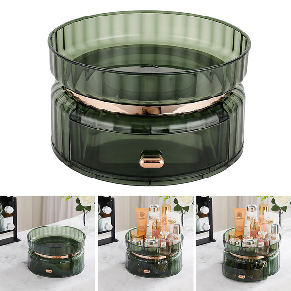 Skincare Exclusive Emerald Rotating Storage Box 25*14cm, 360° Desktop Rotating Storage Rack, with Drawer Large Capacity Cosmetic Organizer, Storage Box Suitable for Vanity Dresser Bathroom