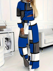 Casual Color Block 2pcs Set, Long Sleeve Hooded Top And Drawstring Pants, Women'S Clothing