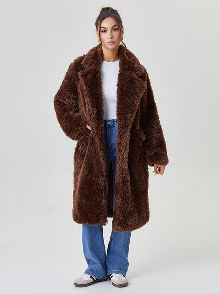 Women's Notch Lapel Plush Double-Breasted Casual Jacket, Leisure Winter Fuzzy Jacket