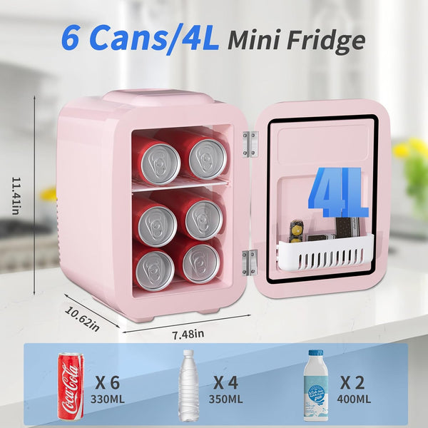 YASHE Mini Fridge, 4 Liter/6 Cans Small Fridgerator for Bedroom, AC/DC Thermoelectric Cooler and Warmer for Skincare Drink Office Dorm Car, Pink