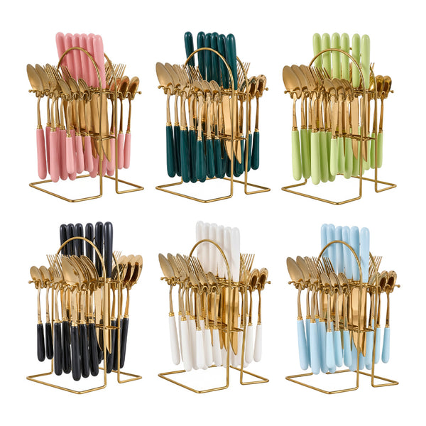 24pcs Stainless Steel Tableware Set with Ceramic Handles, Fork Spoon Set with Utensil Holder, for Home Use/Restaurant, Serves for 6 People