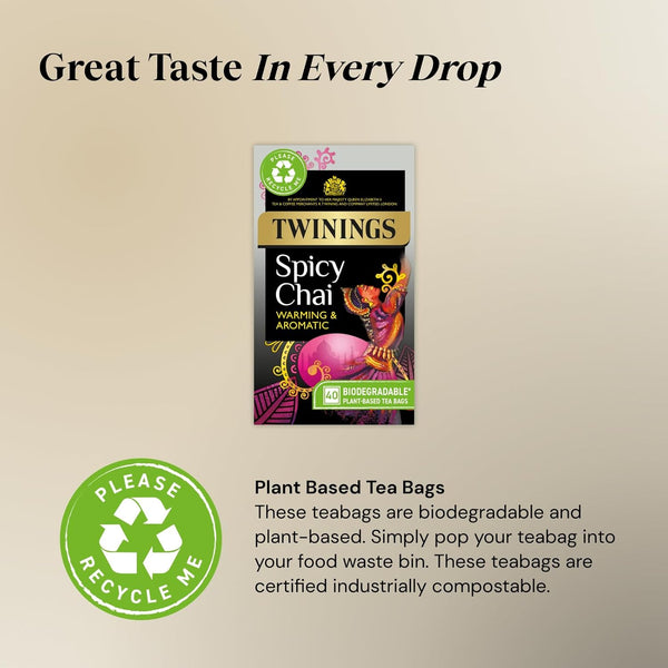 Twinings Spicy Chai Tea Warming & Aromatic Black Tea Spices of Cinnamon, Clove & Ginger with Assam Tea Base, 40 Biodegradable Tea Bags