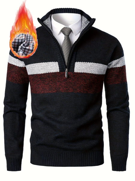 Men'S Thickened Knitted Pullover Sweater with a Color Block Design And Stand Collar, Made from Plus Velvet