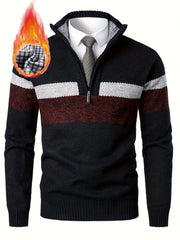 Men'S Thickened Knitted Pullover Sweater with a Color Block Design And Stand Collar, Made from Plus Velvet