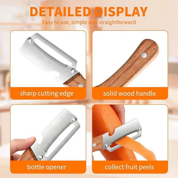 Zero-Snag Wooden Peeler, Multi-Functional Wooden Kitchen Tool, Multifunctional Vegetable Peeler with Stainless Steel Blades & Built-In Bottle Opener