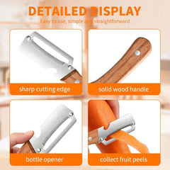 Zero-Snag Wooden Peeler, Multi-Functional Wooden Kitchen Tool, Multifunctional Vegetable Peeler with Stainless Steel Blades & Built-In Bottle Opener
