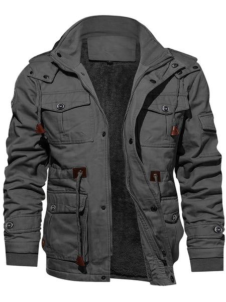 Men's Mid-Length Fleece-Lined Hooded Jacket with Multiple Pockets, Winter Casual Outdoor Workwear Coat