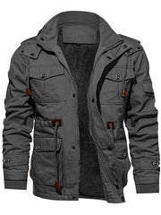 Men's Mid-Length Fleece-Lined Hooded Jacket with Multiple Pockets, Winter Casual Outdoor Workwear Coat