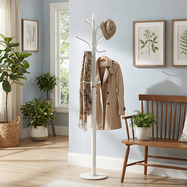 12-Hook Stylish Freestanding Coat Rack, Column-style Heavy Duty Metal Hat Stand with Solid Marble Base, 180cm Tall 4.7cm Thick Pole, Gold Black White Finish for Hallway, Office, Boutique Display